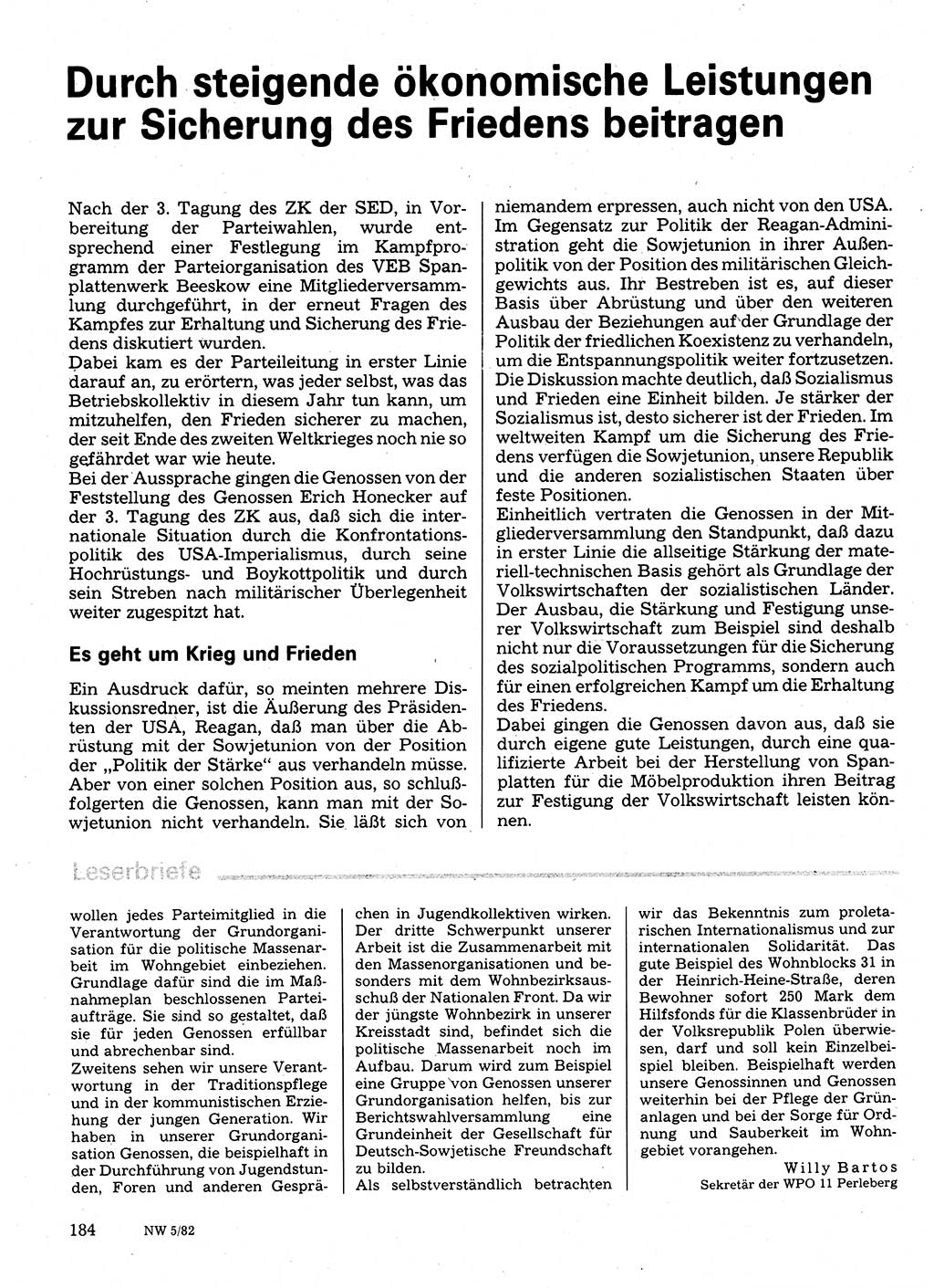 Neuer Weg (NW), Organ des Zentralkomitees (ZK) der SED (Sozialistische Einheitspartei Deutschlands) für Fragen des Parteilebens, 37. Jahrgang [Deutsche Demokratische Republik (DDR)] 1982, Seite 184 (NW ZK SED DDR 1982, S. 184)