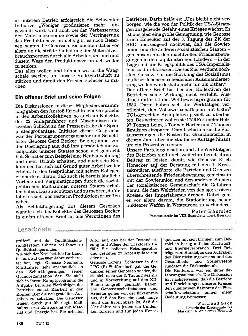 Neuer Weg (NW), Organ des Zentralkomitees (ZK) der SED (Sozialistische Einheitspartei Deutschlands) für Fragen des Parteilebens, 37. Jahrgang [Deutsche Demokratische Republik (DDR)] 1982, Seite 186 (NW ZK SED DDR 1982, S. 186)