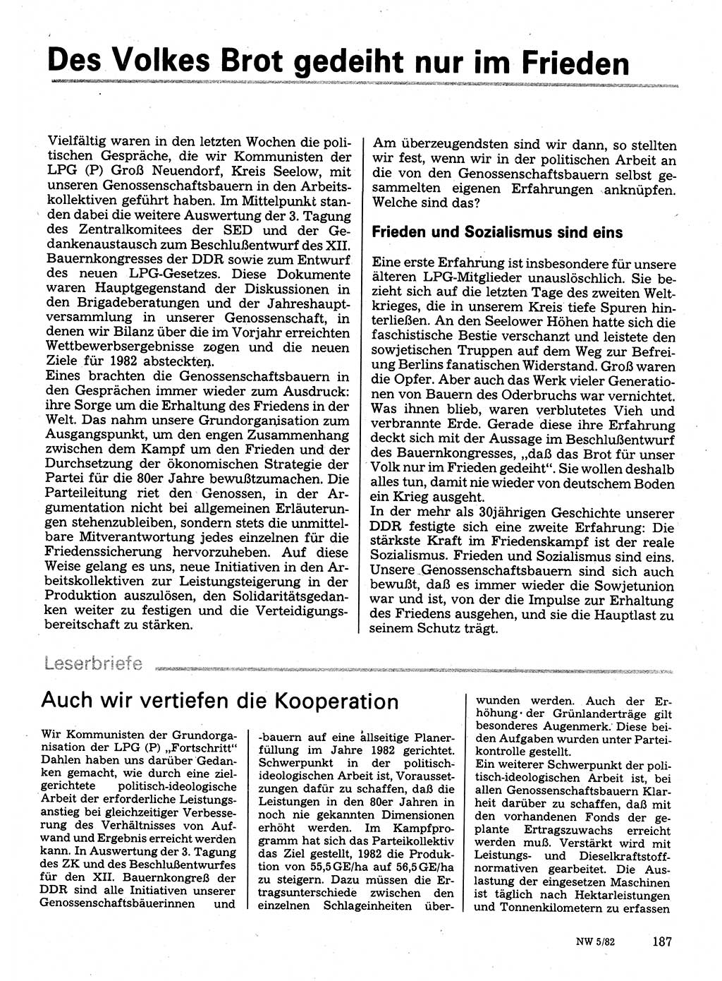 Neuer Weg (NW), Organ des Zentralkomitees (ZK) der SED (Sozialistische Einheitspartei Deutschlands) für Fragen des Parteilebens, 37. Jahrgang [Deutsche Demokratische Republik (DDR)] 1982, Seite 187 (NW ZK SED DDR 1982, S. 187)