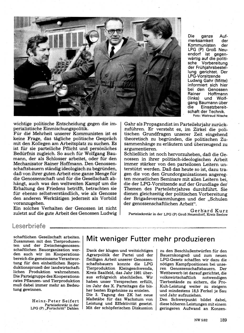 Neuer Weg (NW), Organ des Zentralkomitees (ZK) der SED (Sozialistische Einheitspartei Deutschlands) für Fragen des Parteilebens, 37. Jahrgang [Deutsche Demokratische Republik (DDR)] 1982, Seite 189 (NW ZK SED DDR 1982, S. 189)