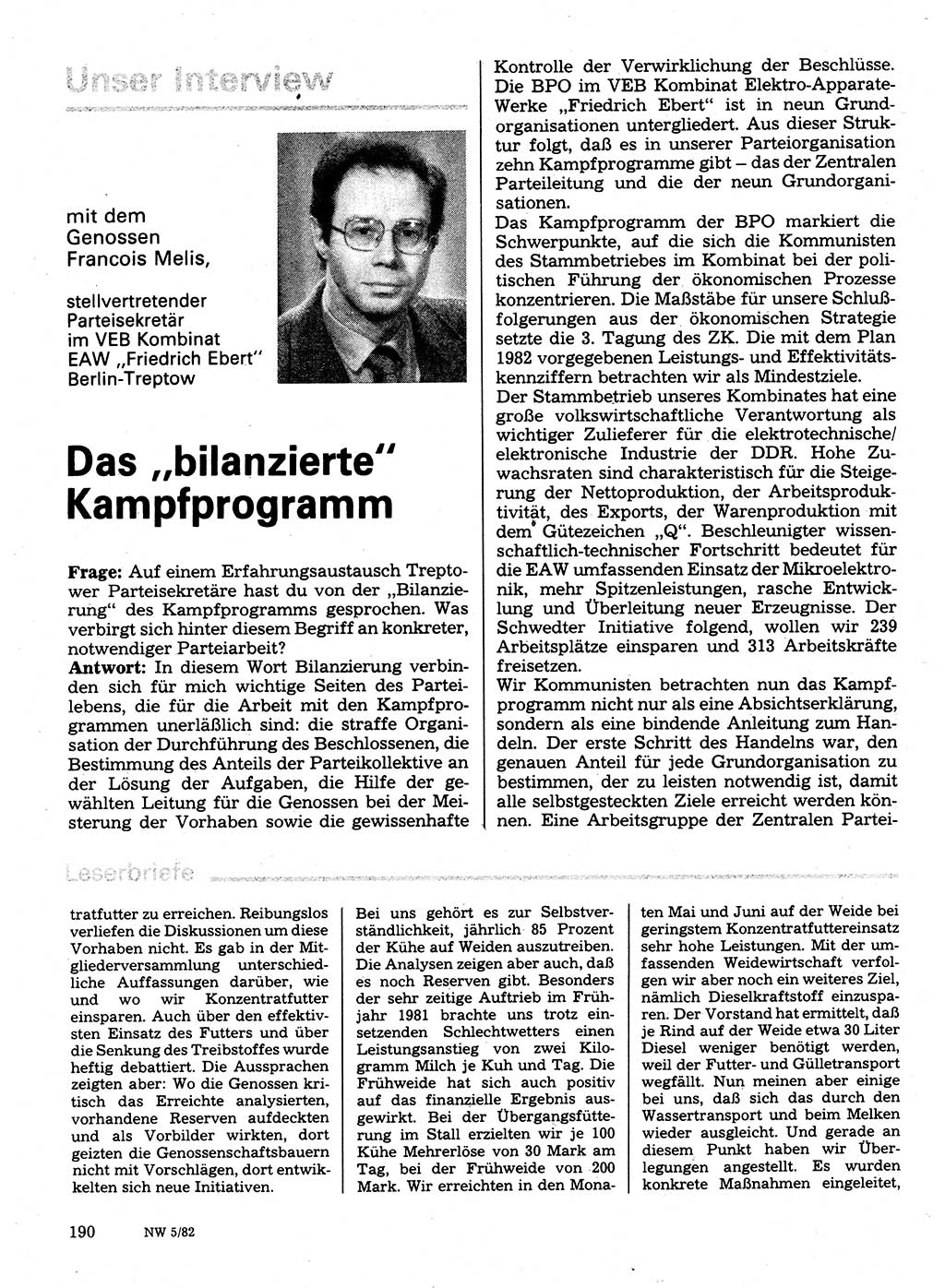 Neuer Weg (NW), Organ des Zentralkomitees (ZK) der SED (Sozialistische Einheitspartei Deutschlands) für Fragen des Parteilebens, 37. Jahrgang [Deutsche Demokratische Republik (DDR)] 1982, Seite 190 (NW ZK SED DDR 1982, S. 190)