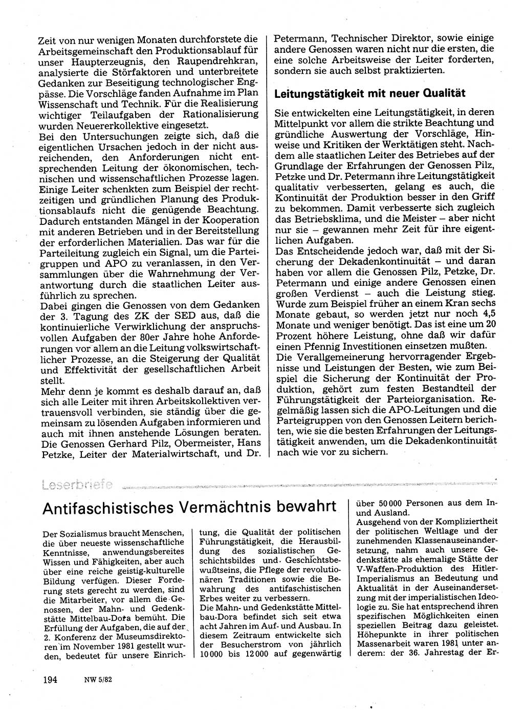 Neuer Weg (NW), Organ des Zentralkomitees (ZK) der SED (Sozialistische Einheitspartei Deutschlands) für Fragen des Parteilebens, 37. Jahrgang [Deutsche Demokratische Republik (DDR)] 1982, Seite 194 (NW ZK SED DDR 1982, S. 194)