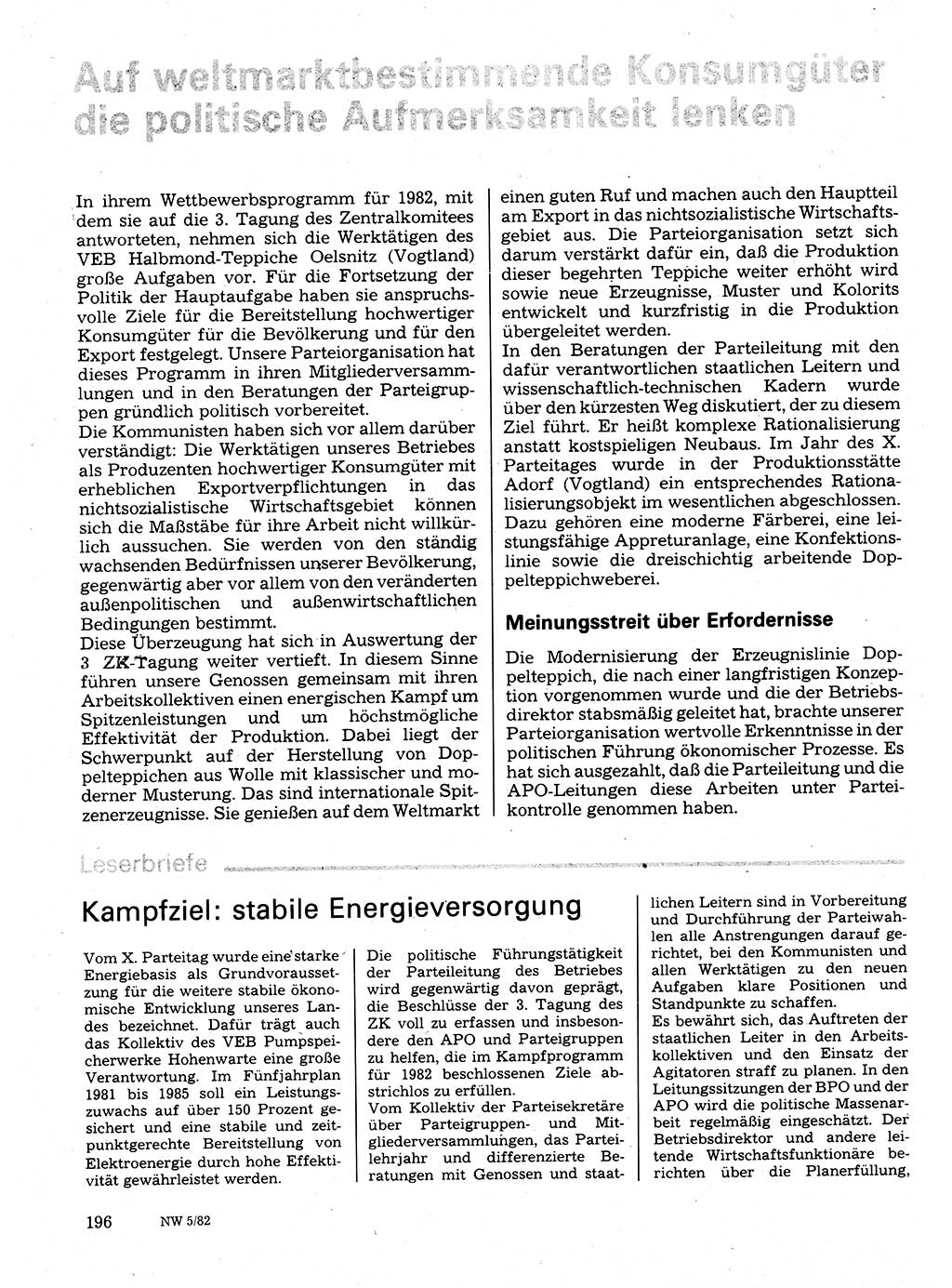 Neuer Weg (NW), Organ des Zentralkomitees (ZK) der SED (Sozialistische Einheitspartei Deutschlands) für Fragen des Parteilebens, 37. Jahrgang [Deutsche Demokratische Republik (DDR)] 1982, Seite 196 (NW ZK SED DDR 1982, S. 196)