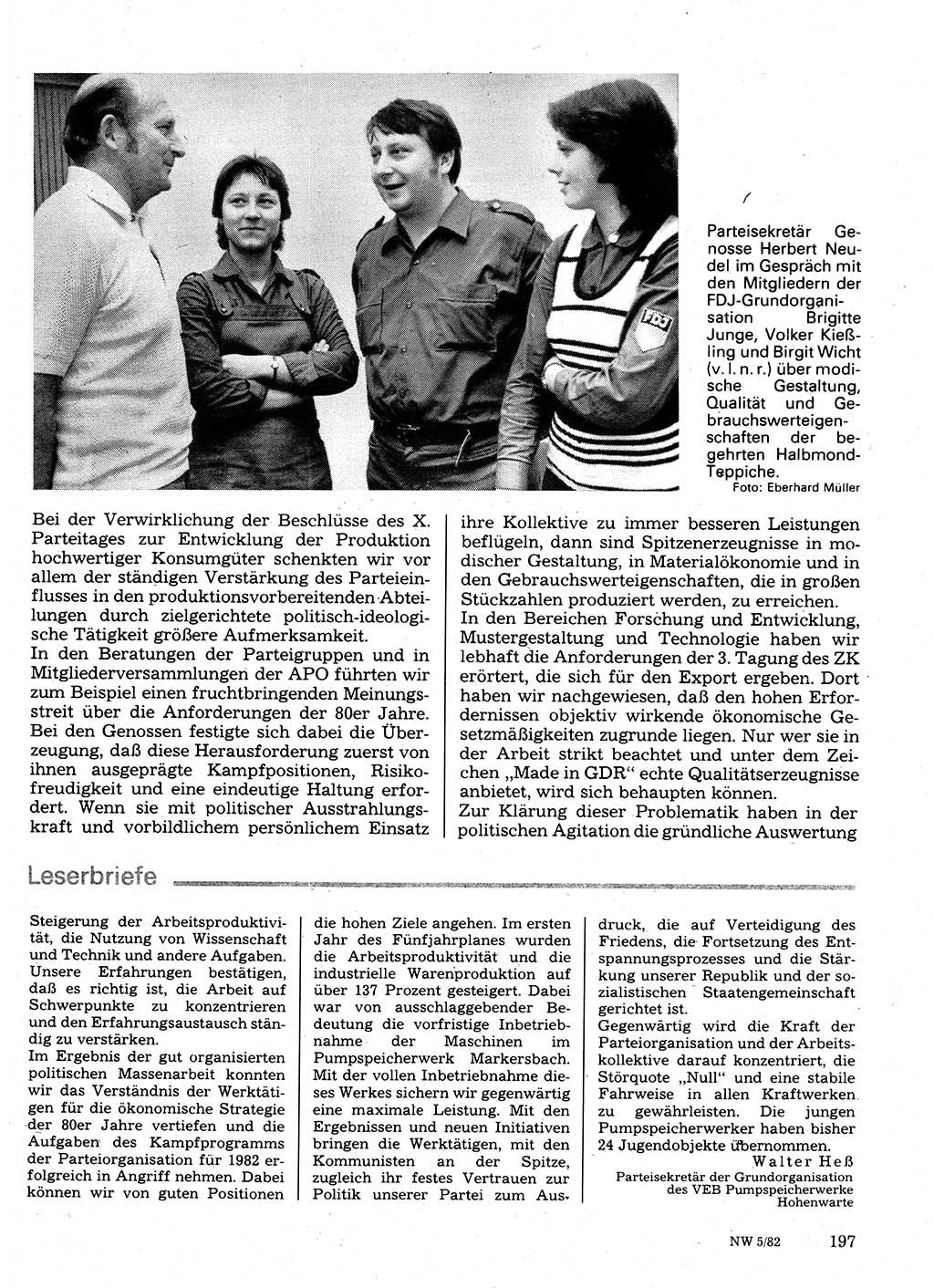 Neuer Weg (NW), Organ des Zentralkomitees (ZK) der SED (Sozialistische Einheitspartei Deutschlands) für Fragen des Parteilebens, 37. Jahrgang [Deutsche Demokratische Republik (DDR)] 1982, Seite 197 (NW ZK SED DDR 1982, S. 197)