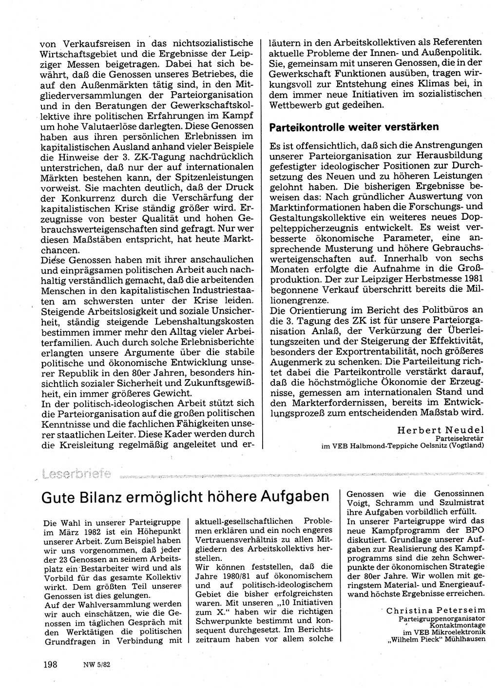 Neuer Weg (NW), Organ des Zentralkomitees (ZK) der SED (Sozialistische Einheitspartei Deutschlands) für Fragen des Parteilebens, 37. Jahrgang [Deutsche Demokratische Republik (DDR)] 1982, Seite 198 (NW ZK SED DDR 1982, S. 198)