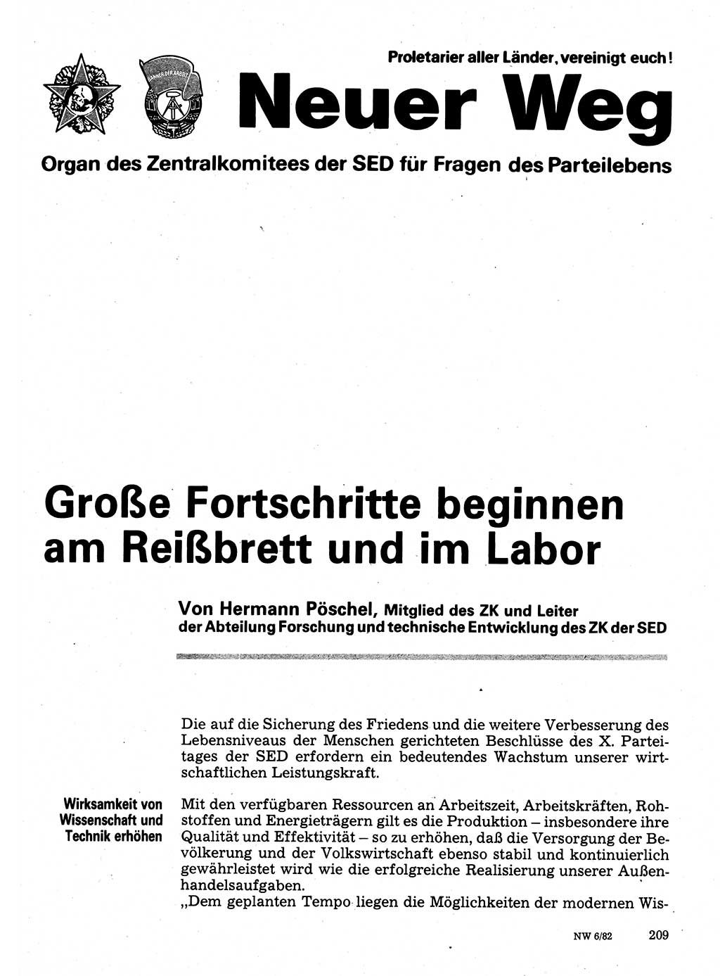 Neuer Weg (NW), Organ des Zentralkomitees (ZK) der SED (Sozialistische Einheitspartei Deutschlands) für Fragen des Parteilebens, 37. Jahrgang [Deutsche Demokratische Republik (DDR)] 1982, Seite 209 (NW ZK SED DDR 1982, S. 209)