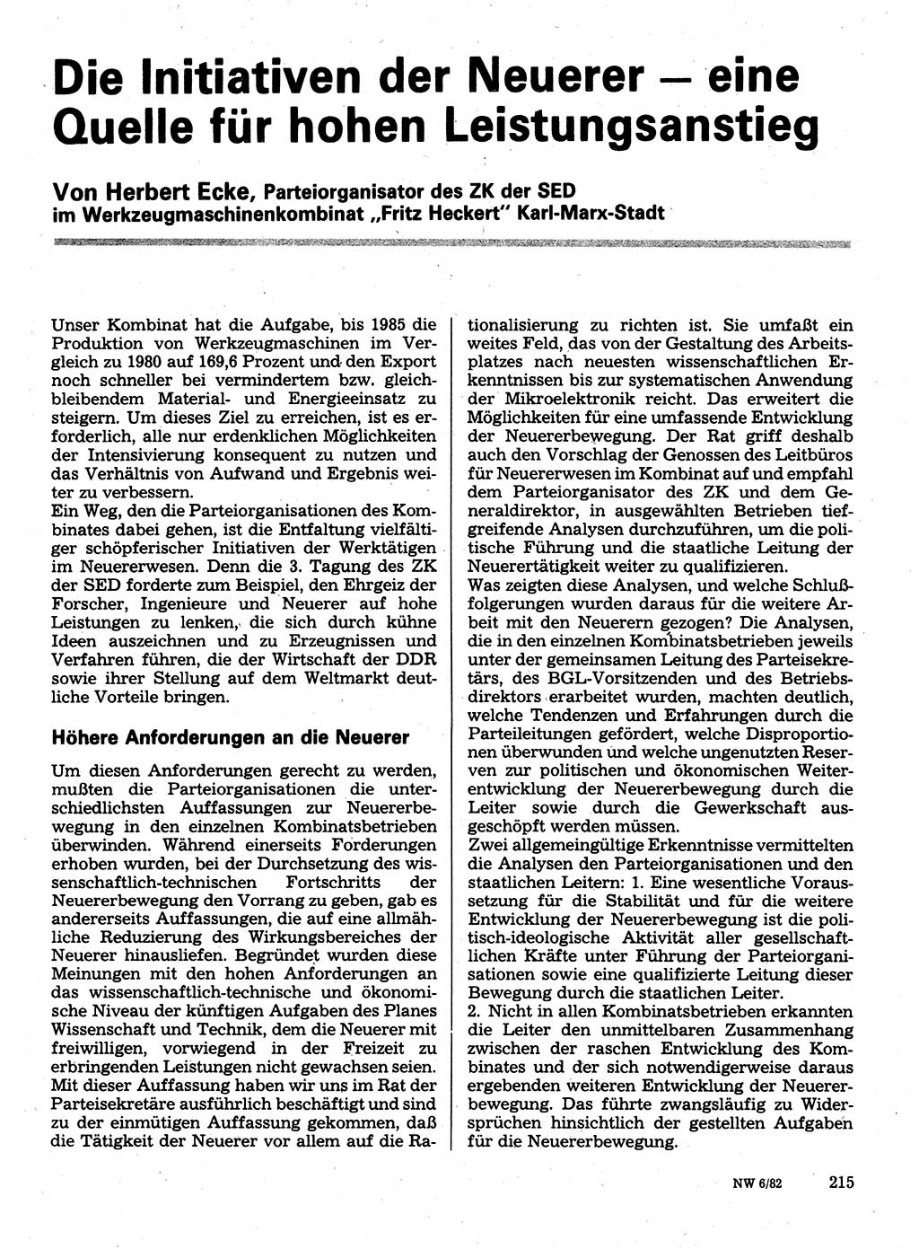 Neuer Weg (NW), Organ des Zentralkomitees (ZK) der SED (Sozialistische Einheitspartei Deutschlands) für Fragen des Parteilebens, 37. Jahrgang [Deutsche Demokratische Republik (DDR)] 1982, Seite 215 (NW ZK SED DDR 1982, S. 215)