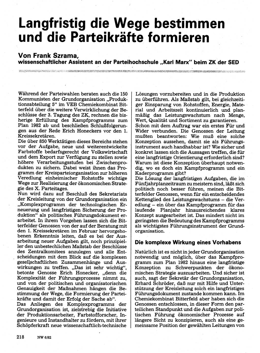 Neuer Weg (NW), Organ des Zentralkomitees (ZK) der SED (Sozialistische Einheitspartei Deutschlands) für Fragen des Parteilebens, 37. Jahrgang [Deutsche Demokratische Republik (DDR)] 1982, Seite 218 (NW ZK SED DDR 1982, S. 218)