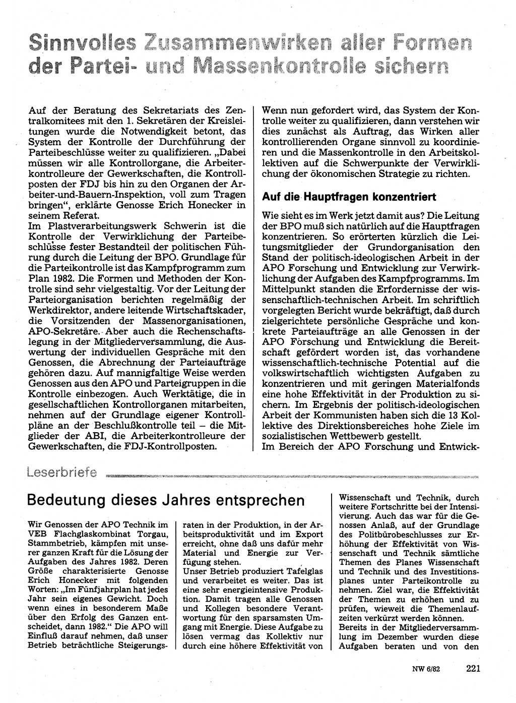 Neuer Weg (NW), Organ des Zentralkomitees (ZK) der SED (Sozialistische Einheitspartei Deutschlands) für Fragen des Parteilebens, 37. Jahrgang [Deutsche Demokratische Republik (DDR)] 1982, Seite 221 (NW ZK SED DDR 1982, S. 221)