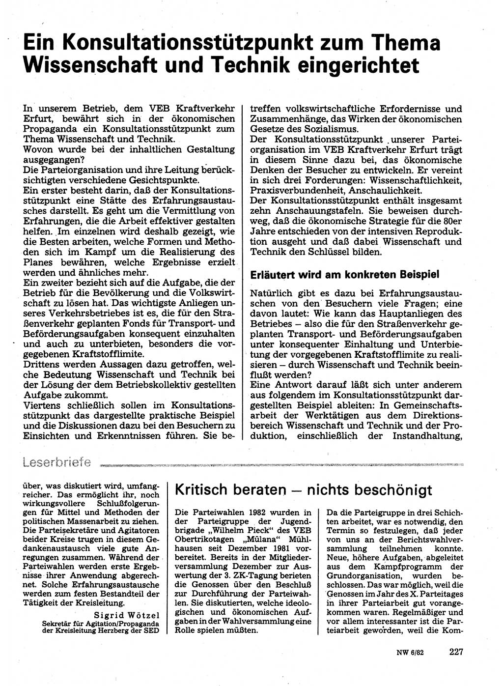 Neuer Weg (NW), Organ des Zentralkomitees (ZK) der SED (Sozialistische Einheitspartei Deutschlands) für Fragen des Parteilebens, 37. Jahrgang [Deutsche Demokratische Republik (DDR)] 1982, Seite 227 (NW ZK SED DDR 1982, S. 227)