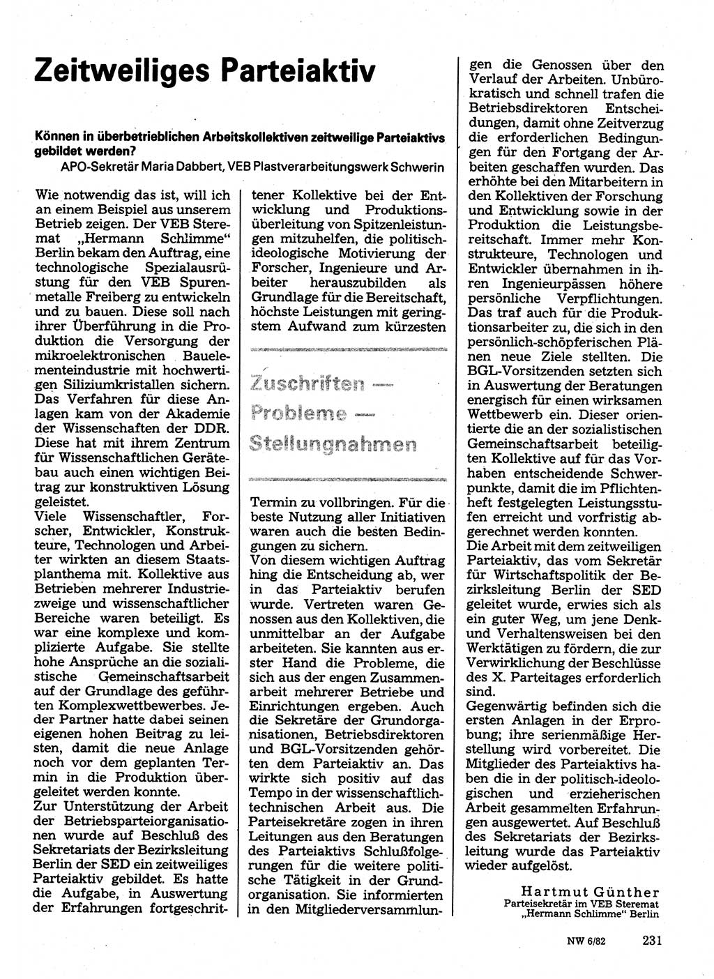 Neuer Weg (NW), Organ des Zentralkomitees (ZK) der SED (Sozialistische Einheitspartei Deutschlands) für Fragen des Parteilebens, 37. Jahrgang [Deutsche Demokratische Republik (DDR)] 1982, Seite 231 (NW ZK SED DDR 1982, S. 231)