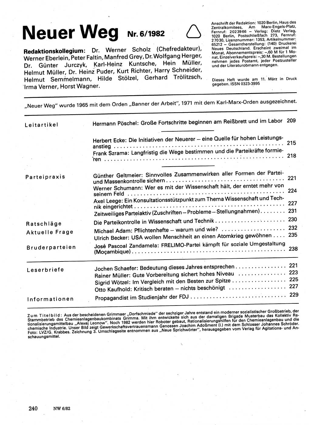 Neuer Weg (NW), Organ des Zentralkomitees (ZK) der SED (Sozialistische Einheitspartei Deutschlands) für Fragen des Parteilebens, 37. Jahrgang [Deutsche Demokratische Republik (DDR)] 1982, Seite 240 (NW ZK SED DDR 1982, S. 240)