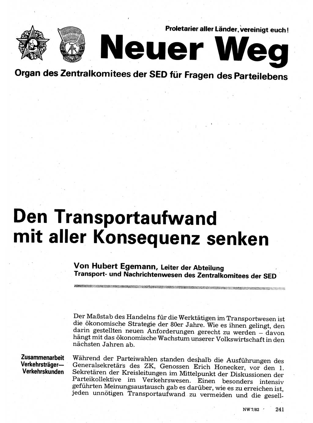 Neuer Weg (NW), Organ des Zentralkomitees (ZK) der SED (Sozialistische Einheitspartei Deutschlands) für Fragen des Parteilebens, 37. Jahrgang [Deutsche Demokratische Republik (DDR)] 1982, Seite 241 (NW ZK SED DDR 1982, S. 241)