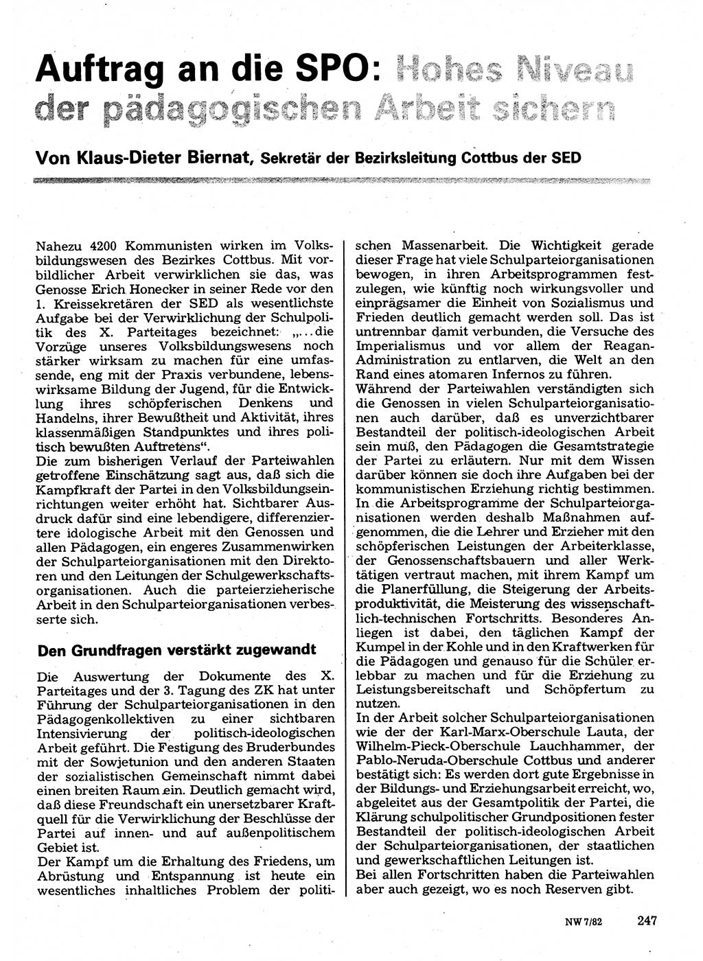 Neuer Weg (NW), Organ des Zentralkomitees (ZK) der SED (Sozialistische Einheitspartei Deutschlands) für Fragen des Parteilebens, 37. Jahrgang [Deutsche Demokratische Republik (DDR)] 1982, Seite 247 (NW ZK SED DDR 1982, S. 247)
