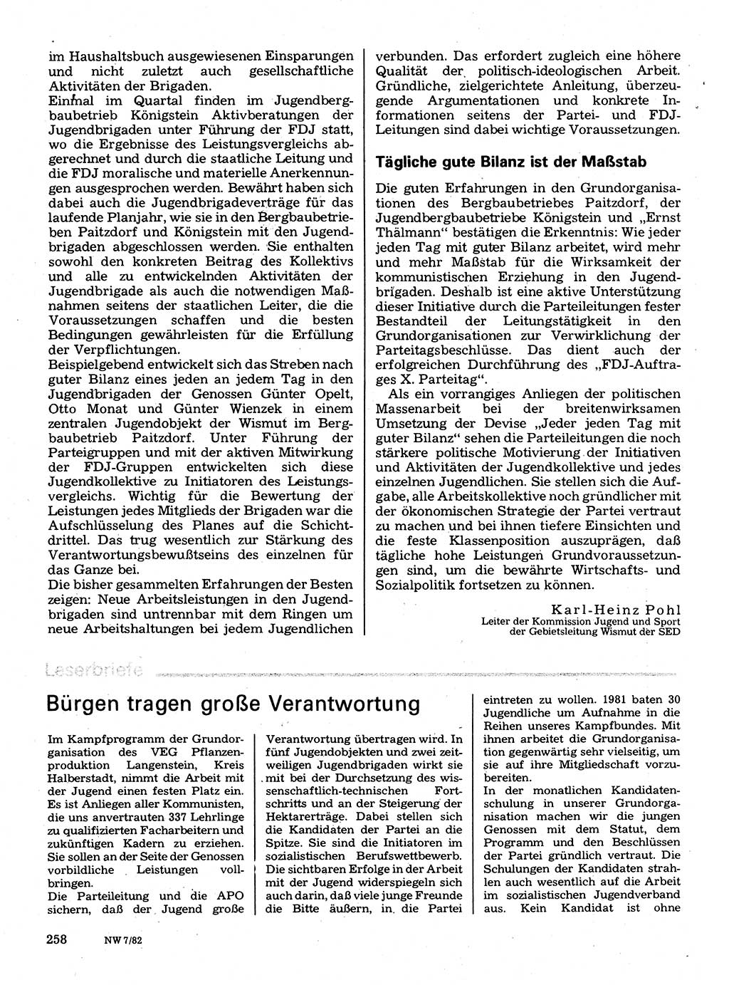 Neuer Weg (NW), Organ des Zentralkomitees (ZK) der SED (Sozialistische Einheitspartei Deutschlands) für Fragen des Parteilebens, 37. Jahrgang [Deutsche Demokratische Republik (DDR)] 1982, Seite 258 (NW ZK SED DDR 1982, S. 258)