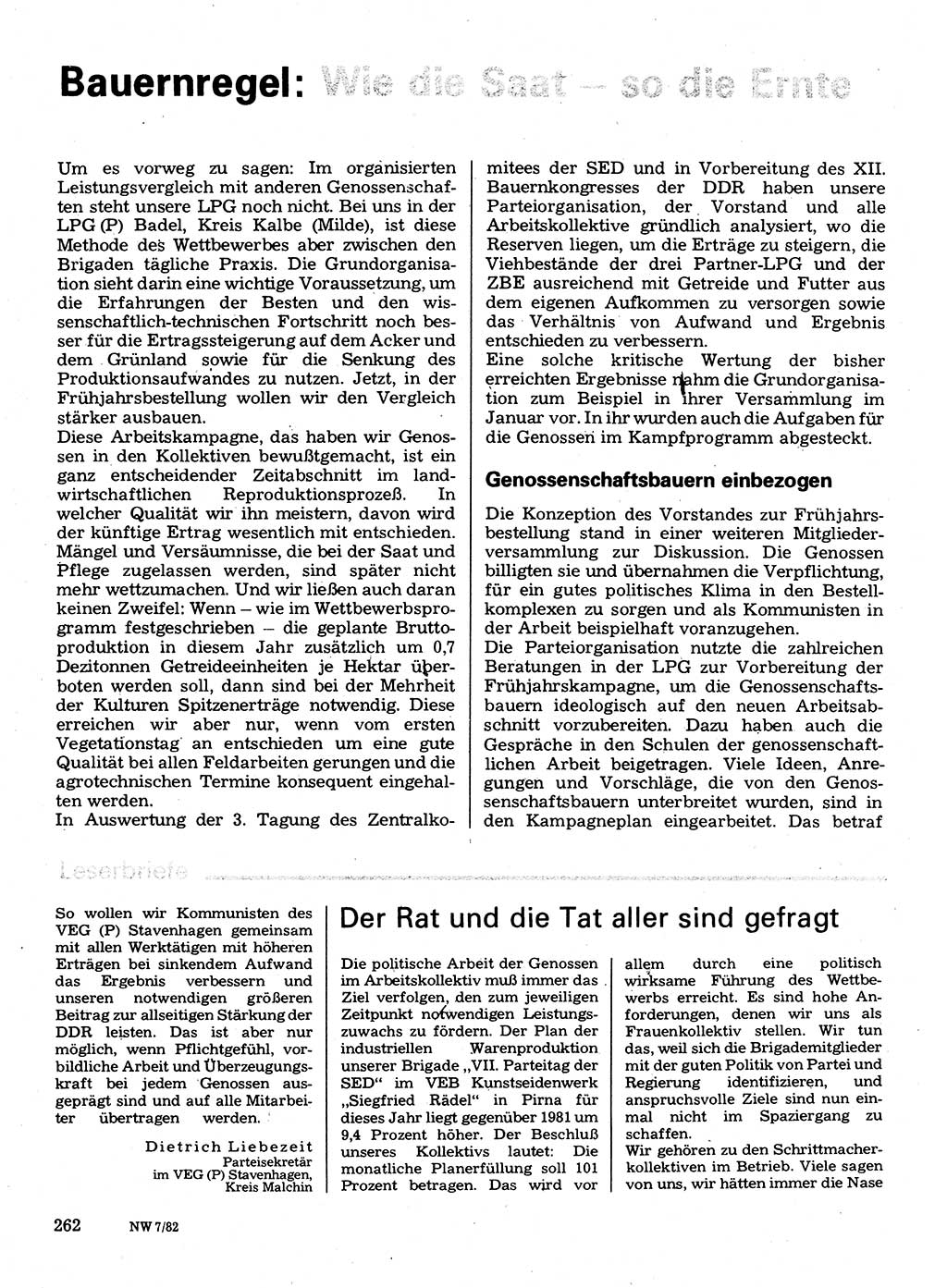 Neuer Weg (NW), Organ des Zentralkomitees (ZK) der SED (Sozialistische Einheitspartei Deutschlands) für Fragen des Parteilebens, 37. Jahrgang [Deutsche Demokratische Republik (DDR)] 1982, Seite 262 (NW ZK SED DDR 1982, S. 262)