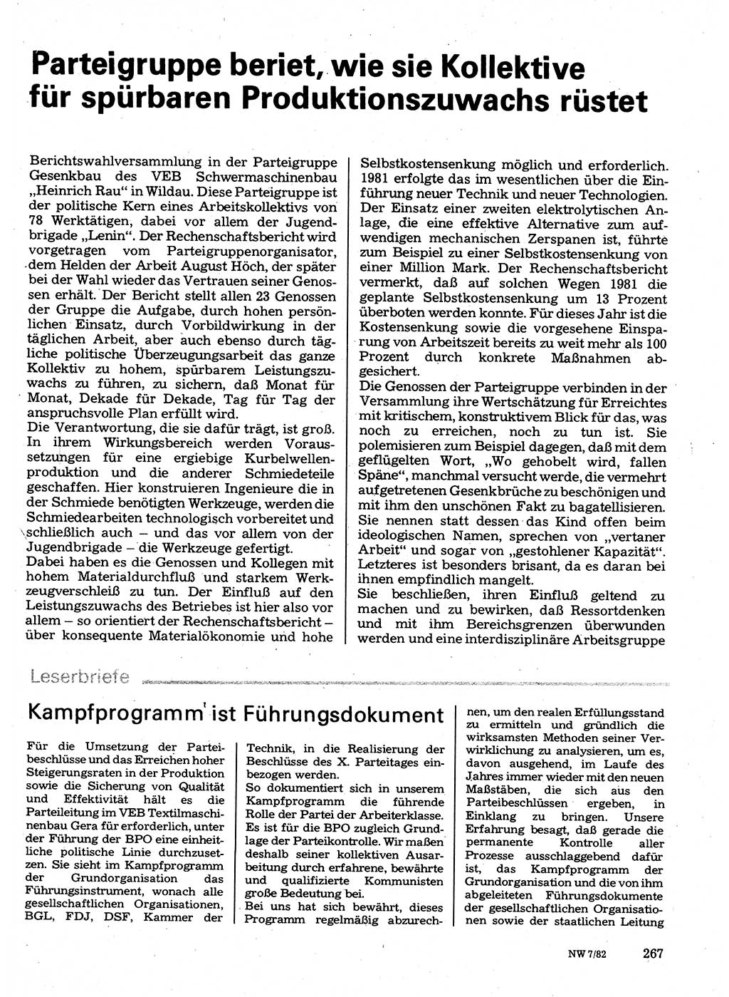 Neuer Weg (NW), Organ des Zentralkomitees (ZK) der SED (Sozialistische Einheitspartei Deutschlands) für Fragen des Parteilebens, 37. Jahrgang [Deutsche Demokratische Republik (DDR)] 1982, Seite 267 (NW ZK SED DDR 1982, S. 267)