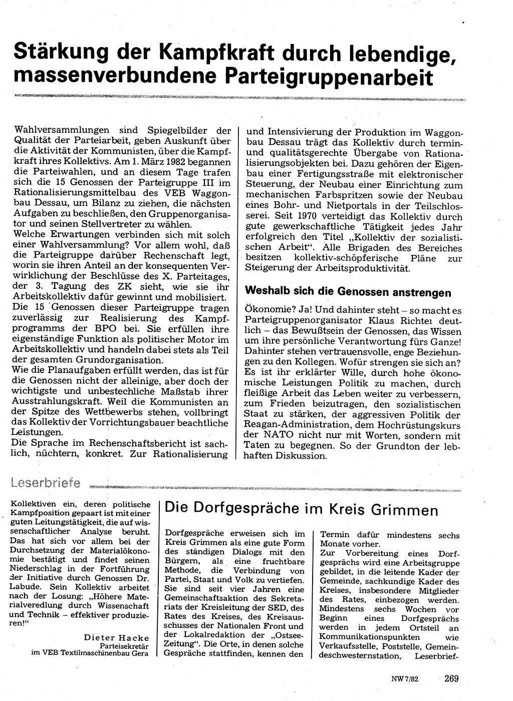 Neuer Weg (NW), Organ des Zentralkomitees (ZK) der SED (Sozialistische Einheitspartei Deutschlands) für Fragen des Parteilebens, 37. Jahrgang [Deutsche Demokratische Republik (DDR)] 1982, Seite 269 (NW ZK SED DDR 1982, S. 269)