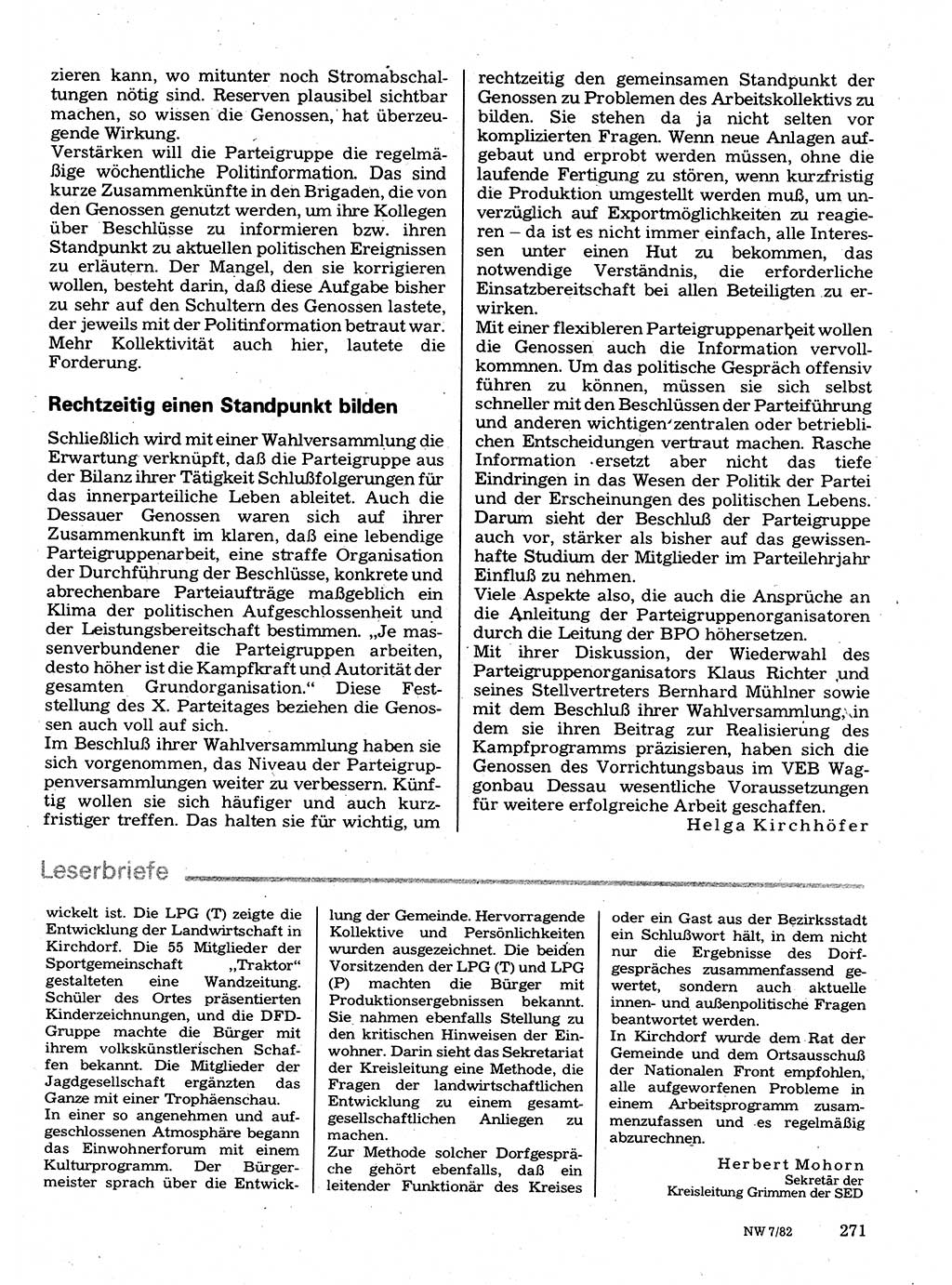 Neuer Weg (NW), Organ des Zentralkomitees (ZK) der SED (Sozialistische Einheitspartei Deutschlands) für Fragen des Parteilebens, 37. Jahrgang [Deutsche Demokratische Republik (DDR)] 1982, Seite 271 (NW ZK SED DDR 1982, S. 271)