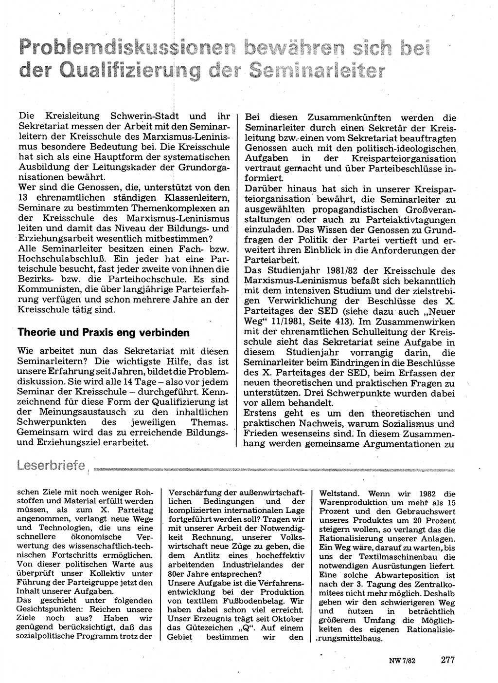 Neuer Weg (NW), Organ des Zentralkomitees (ZK) der SED (Sozialistische Einheitspartei Deutschlands) für Fragen des Parteilebens, 37. Jahrgang [Deutsche Demokratische Republik (DDR)] 1982, Seite 277 (NW ZK SED DDR 1982, S. 277)