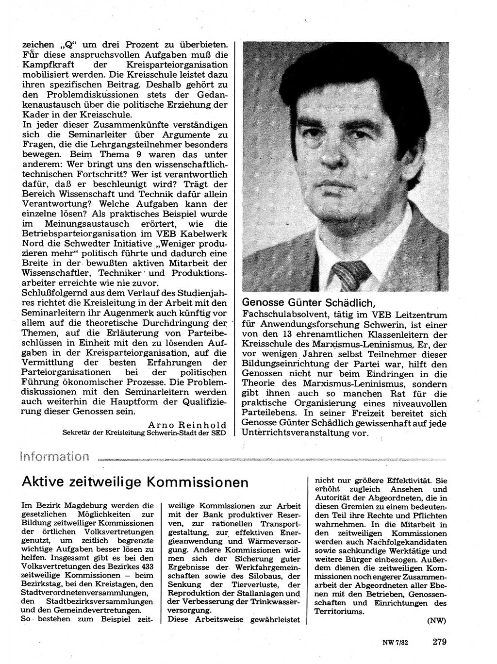Neuer Weg (NW), Organ des Zentralkomitees (ZK) der SED (Sozialistische Einheitspartei Deutschlands) für Fragen des Parteilebens, 37. Jahrgang [Deutsche Demokratische Republik (DDR)] 1982, Seite 279 (NW ZK SED DDR 1982, S. 279)