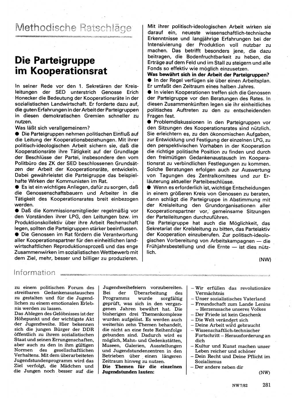 Neuer Weg (NW), Organ des Zentralkomitees (ZK) der SED (Sozialistische Einheitspartei Deutschlands) für Fragen des Parteilebens, 37. Jahrgang [Deutsche Demokratische Republik (DDR)] 1982, Seite 281 (NW ZK SED DDR 1982, S. 281)