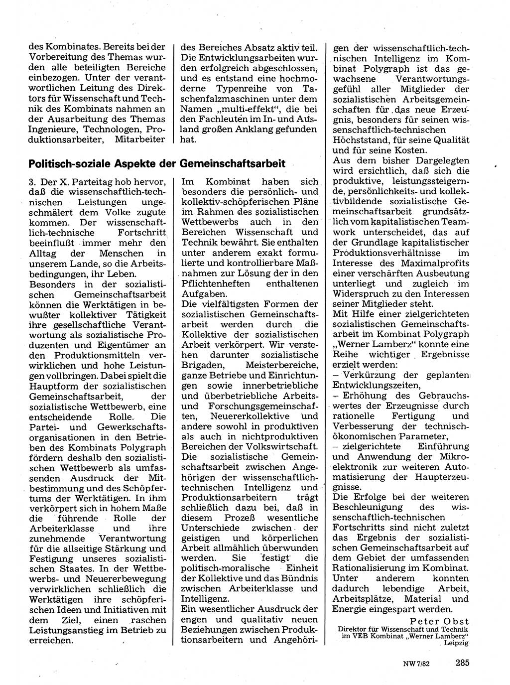 Neuer Weg (NW), Organ des Zentralkomitees (ZK) der SED (Sozialistische Einheitspartei Deutschlands) für Fragen des Parteilebens, 37. Jahrgang [Deutsche Demokratische Republik (DDR)] 1982, Seite 285 (NW ZK SED DDR 1982, S. 285)
