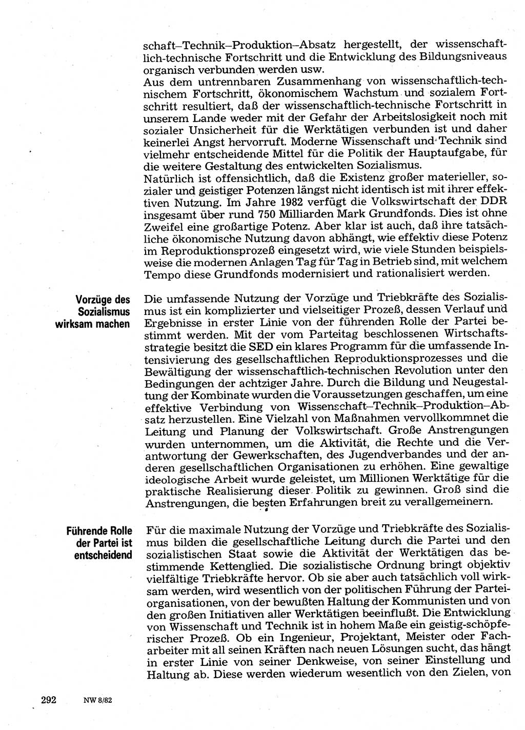 Neuer Weg (NW), Organ des Zentralkomitees (ZK) der SED (Sozialistische Einheitspartei Deutschlands) für Fragen des Parteilebens, 37. Jahrgang [Deutsche Demokratische Republik (DDR)] 1982, Seite 292 (NW ZK SED DDR 1982, S. 292)