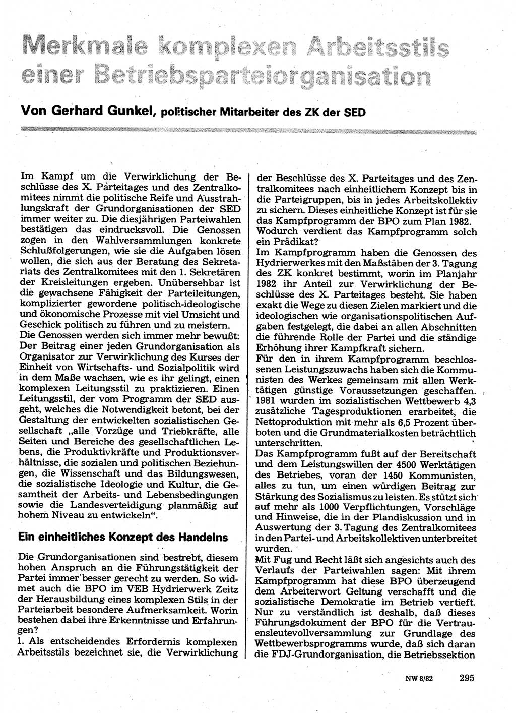 Neuer Weg (NW), Organ des Zentralkomitees (ZK) der SED (Sozialistische Einheitspartei Deutschlands) für Fragen des Parteilebens, 37. Jahrgang [Deutsche Demokratische Republik (DDR)] 1982, Seite 295 (NW ZK SED DDR 1982, S. 295)