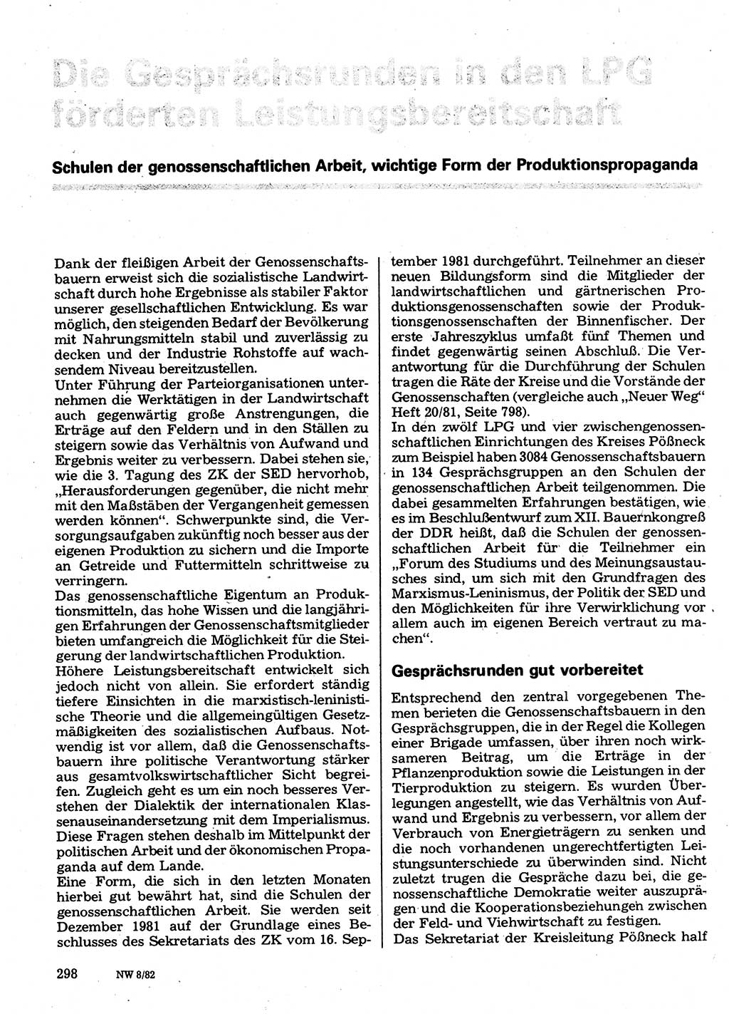 Neuer Weg (NW), Organ des Zentralkomitees (ZK) der SED (Sozialistische Einheitspartei Deutschlands) für Fragen des Parteilebens, 37. Jahrgang [Deutsche Demokratische Republik (DDR)] 1982, Seite 298 (NW ZK SED DDR 1982, S. 298)