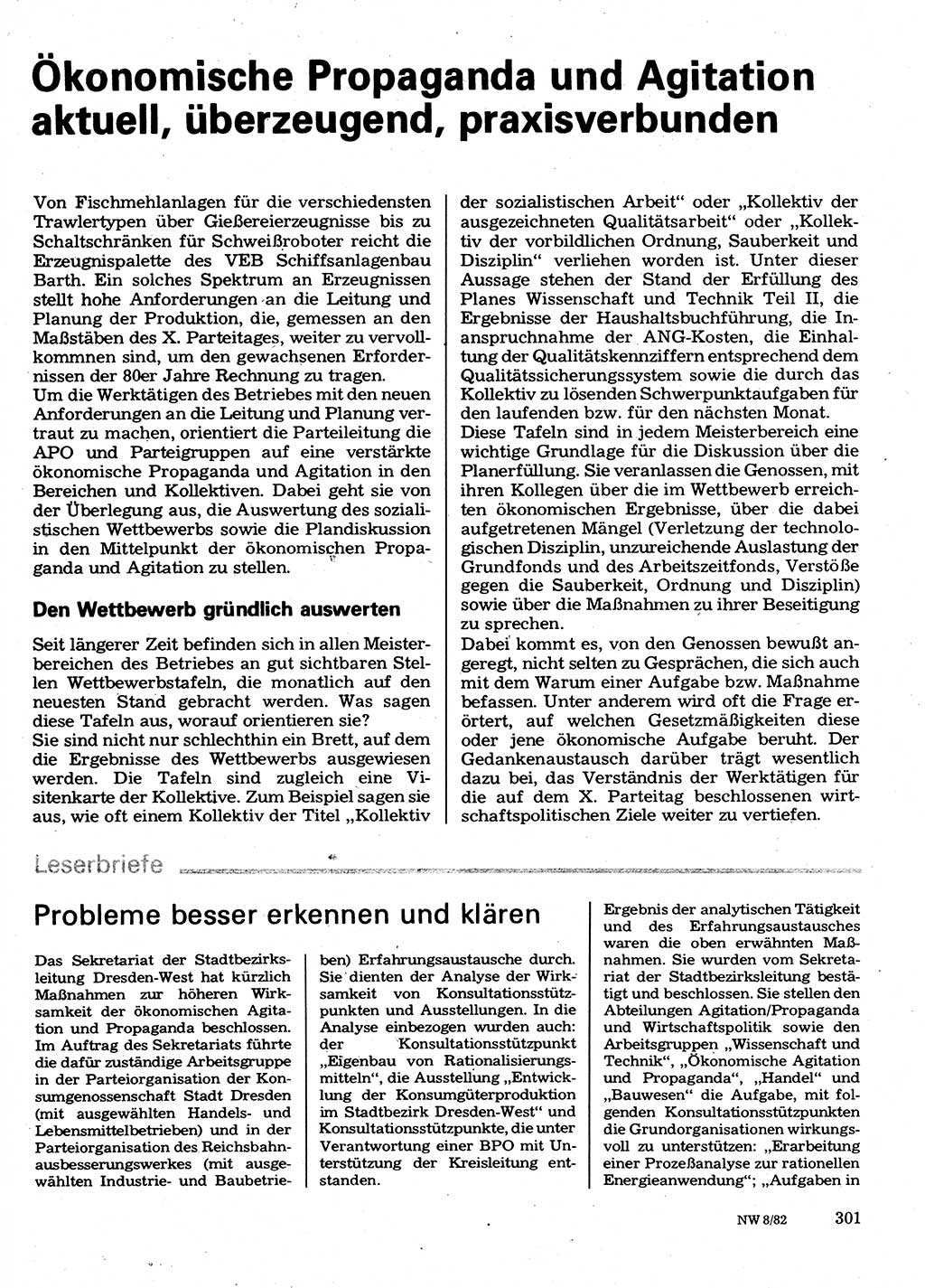 Neuer Weg (NW), Organ des Zentralkomitees (ZK) der SED (Sozialistische Einheitspartei Deutschlands) für Fragen des Parteilebens, 37. Jahrgang [Deutsche Demokratische Republik (DDR)] 1982, Seite 301 (NW ZK SED DDR 1982, S. 301)