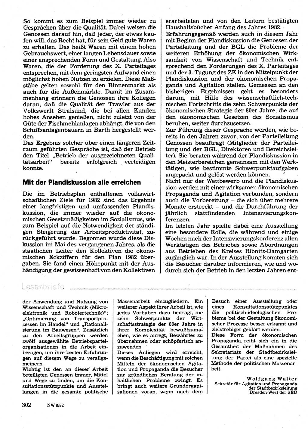 Neuer Weg (NW), Organ des Zentralkomitees (ZK) der SED (Sozialistische Einheitspartei Deutschlands) für Fragen des Parteilebens, 37. Jahrgang [Deutsche Demokratische Republik (DDR)] 1982, Seite 302 (NW ZK SED DDR 1982, S. 302)