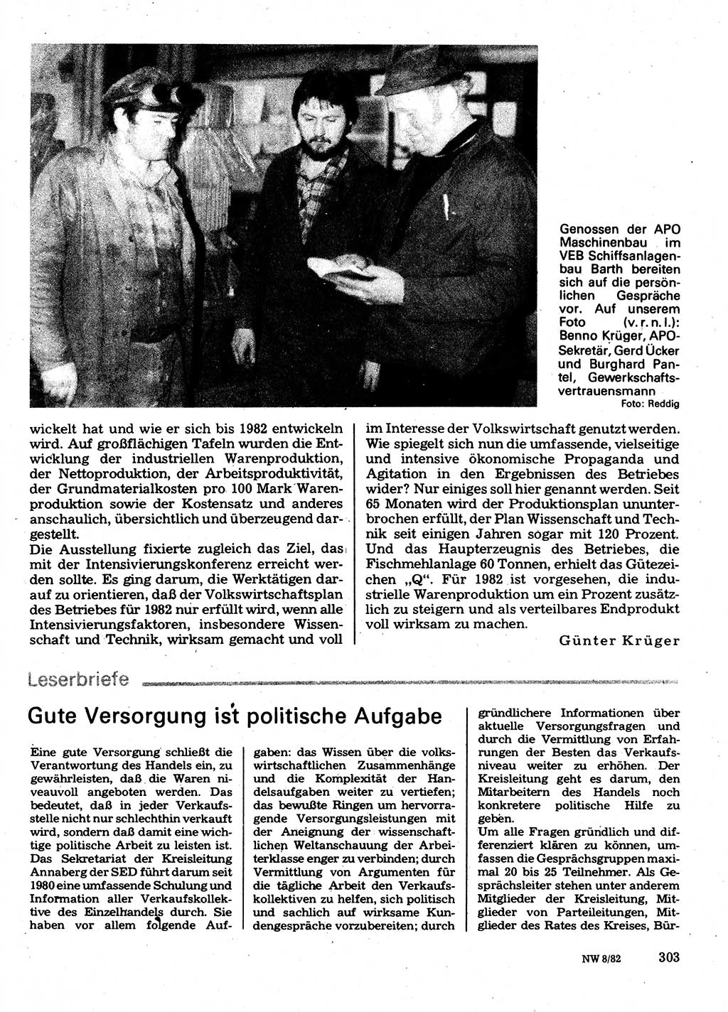 Neuer Weg (NW), Organ des Zentralkomitees (ZK) der SED (Sozialistische Einheitspartei Deutschlands) für Fragen des Parteilebens, 37. Jahrgang [Deutsche Demokratische Republik (DDR)] 1982, Seite 303 (NW ZK SED DDR 1982, S. 303)