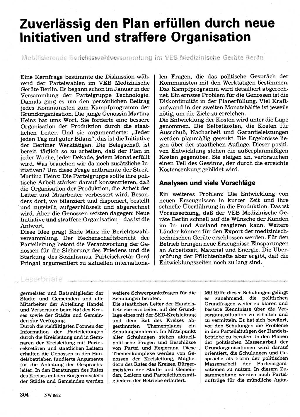 Neuer Weg (NW), Organ des Zentralkomitees (ZK) der SED (Sozialistische Einheitspartei Deutschlands) für Fragen des Parteilebens, 37. Jahrgang [Deutsche Demokratische Republik (DDR)] 1982, Seite 304 (NW ZK SED DDR 1982, S. 304)