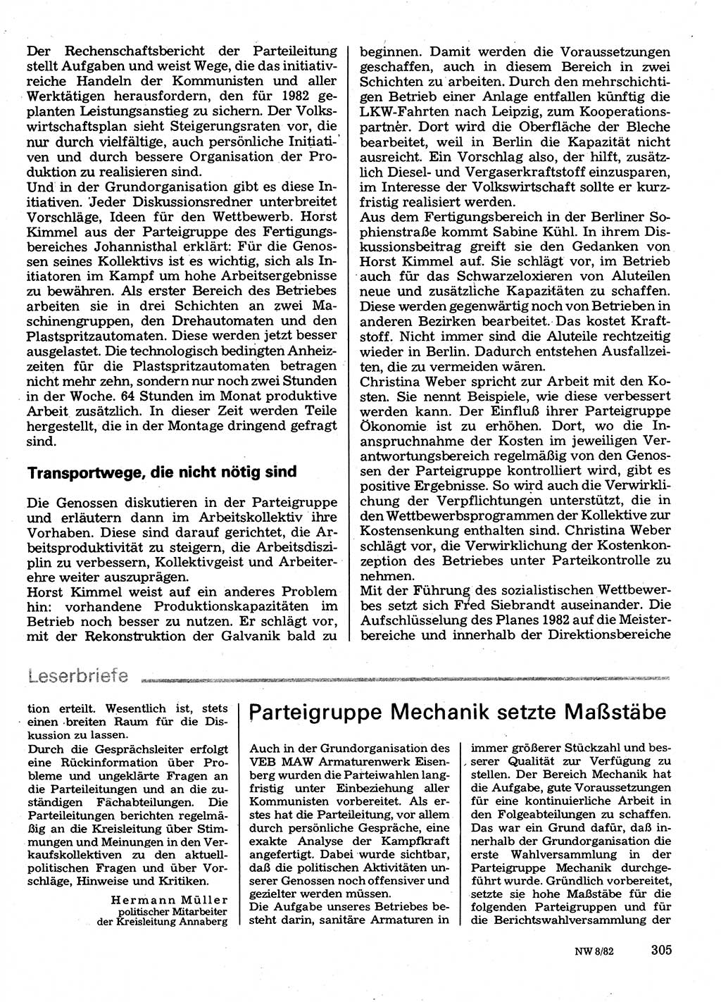 Neuer Weg (NW), Organ des Zentralkomitees (ZK) der SED (Sozialistische Einheitspartei Deutschlands) für Fragen des Parteilebens, 37. Jahrgang [Deutsche Demokratische Republik (DDR)] 1982, Seite 305 (NW ZK SED DDR 1982, S. 305)