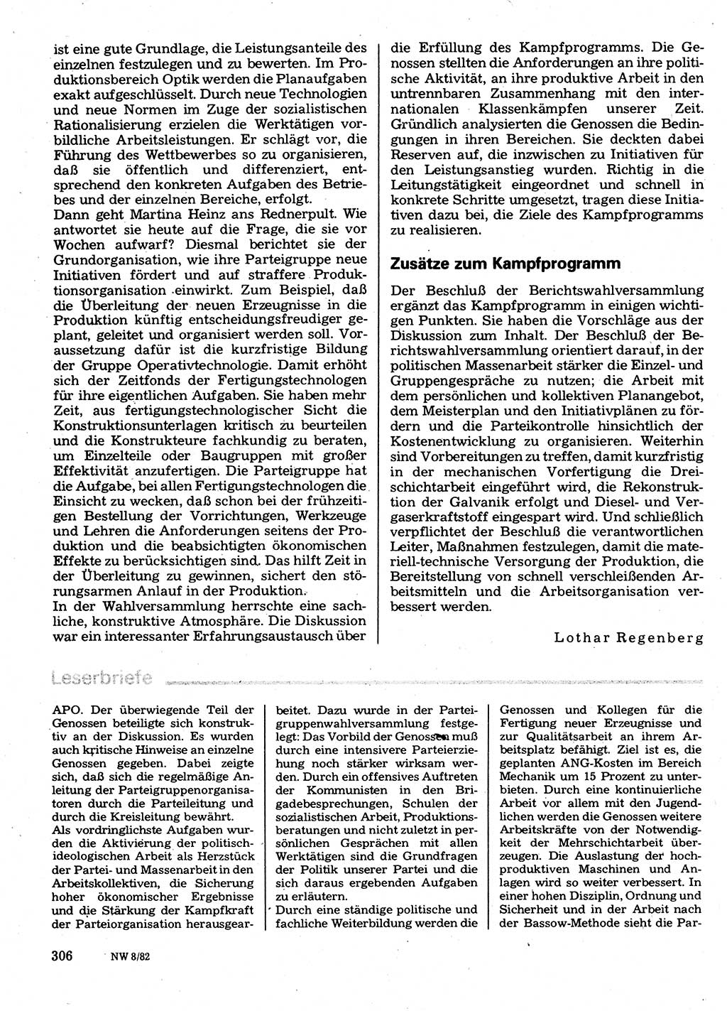 Neuer Weg (NW), Organ des Zentralkomitees (ZK) der SED (Sozialistische Einheitspartei Deutschlands) für Fragen des Parteilebens, 37. Jahrgang [Deutsche Demokratische Republik (DDR)] 1982, Seite 306 (NW ZK SED DDR 1982, S. 306)