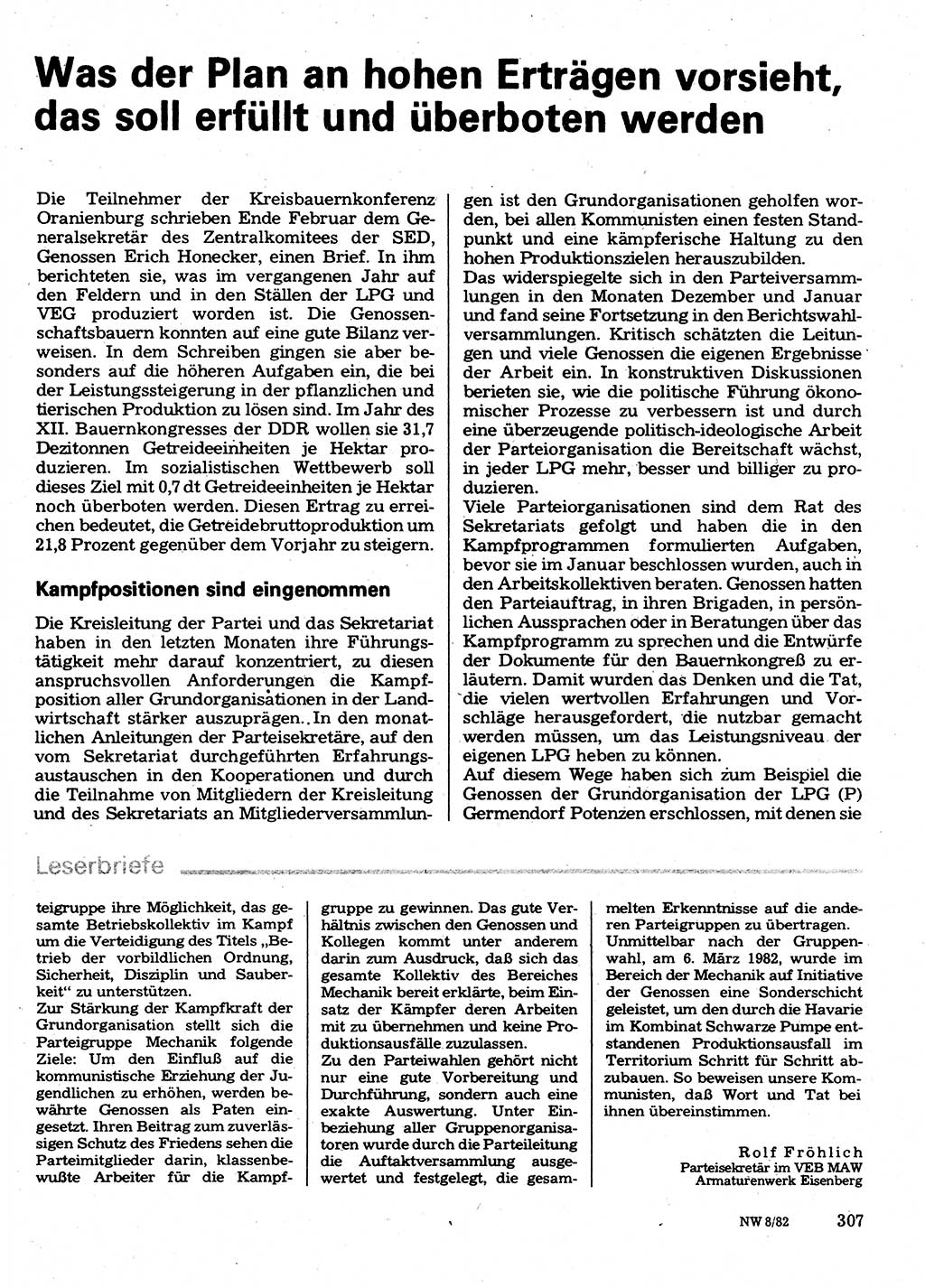 Neuer Weg (NW), Organ des Zentralkomitees (ZK) der SED (Sozialistische Einheitspartei Deutschlands) für Fragen des Parteilebens, 37. Jahrgang [Deutsche Demokratische Republik (DDR)] 1982, Seite 307 (NW ZK SED DDR 1982, S. 307)