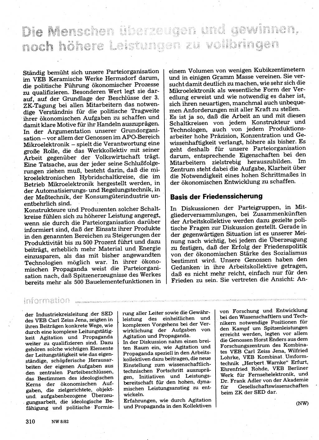 Neuer Weg (NW), Organ des Zentralkomitees (ZK) der SED (Sozialistische Einheitspartei Deutschlands) für Fragen des Parteilebens, 37. Jahrgang [Deutsche Demokratische Republik (DDR)] 1982, Seite 310 (NW ZK SED DDR 1982, S. 310)