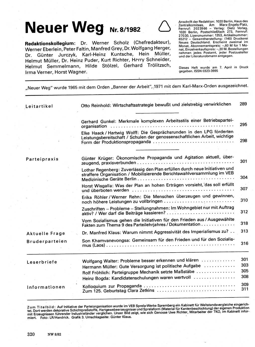 Neuer Weg (NW), Organ des Zentralkomitees (ZK) der SED (Sozialistische Einheitspartei Deutschlands) für Fragen des Parteilebens, 37. Jahrgang [Deutsche Demokratische Republik (DDR)] 1982, Seite 320 (NW ZK SED DDR 1982, S. 320)