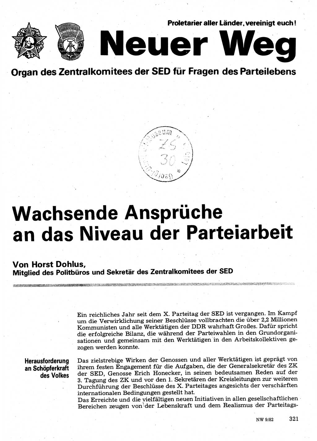 Neuer Weg (NW), Organ des Zentralkomitees (ZK) der SED (Sozialistische Einheitspartei Deutschlands) für Fragen des Parteilebens, 37. Jahrgang [Deutsche Demokratische Republik (DDR)] 1982, Seite 321 (NW ZK SED DDR 1982, S. 321)