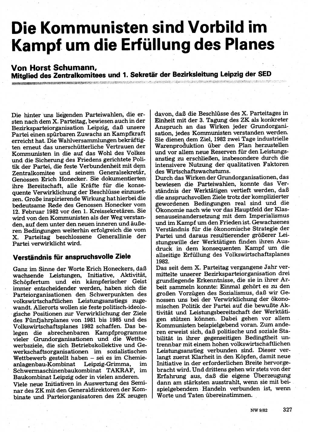 Neuer Weg (NW), Organ des Zentralkomitees (ZK) der SED (Sozialistische Einheitspartei Deutschlands) für Fragen des Parteilebens, 37. Jahrgang [Deutsche Demokratische Republik (DDR)] 1982, Seite 327 (NW ZK SED DDR 1982, S. 327)