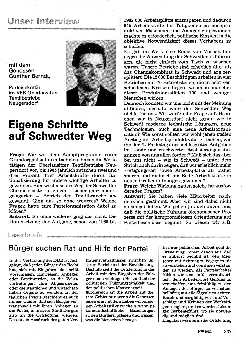 Neuer Weg (NW), Organ des Zentralkomitees (ZK) der SED (Sozialistische Einheitspartei Deutschlands) für Fragen des Parteilebens, 37. Jahrgang [Deutsche Demokratische Republik (DDR)] 1982, Seite 337 (NW ZK SED DDR 1982, S. 337)