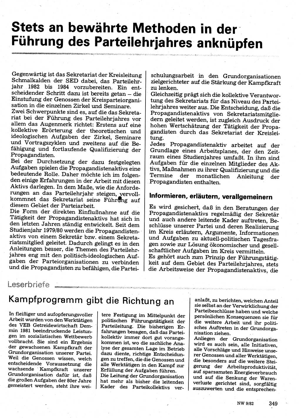 Neuer Weg (NW), Organ des Zentralkomitees (ZK) der SED (Sozialistische Einheitspartei Deutschlands) für Fragen des Parteilebens, 37. Jahrgang [Deutsche Demokratische Republik (DDR)] 1982, Seite 349 (NW ZK SED DDR 1982, S. 349)