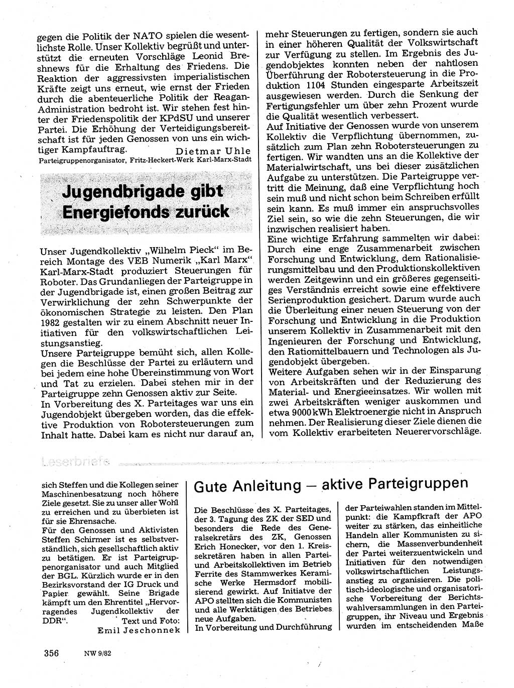 Neuer Weg (NW), Organ des Zentralkomitees (ZK) der SED (Sozialistische Einheitspartei Deutschlands) für Fragen des Parteilebens, 37. Jahrgang [Deutsche Demokratische Republik (DDR)] 1982, Seite 356 (NW ZK SED DDR 1982, S. 356)