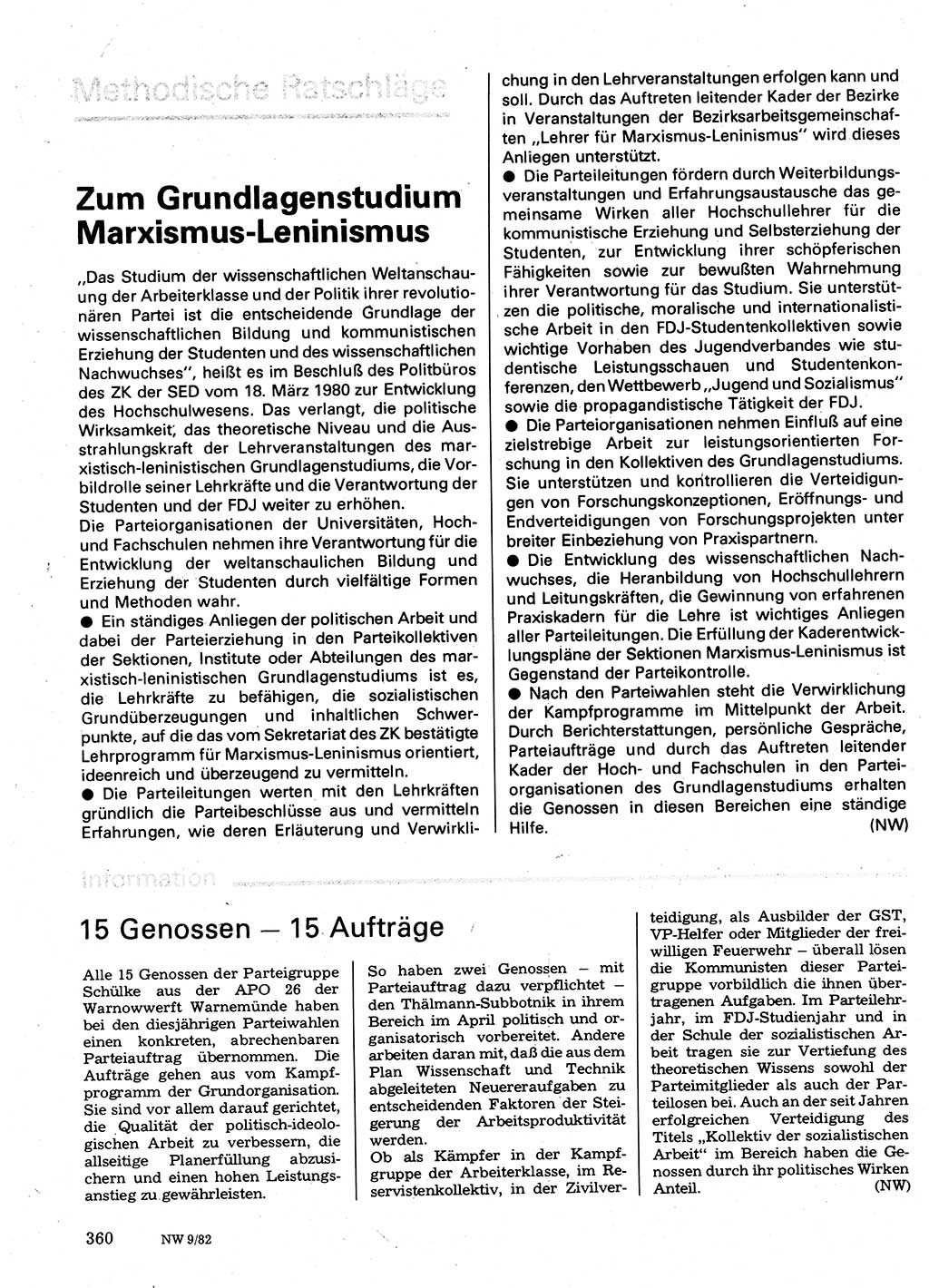 Neuer Weg (NW), Organ des Zentralkomitees (ZK) der SED (Sozialistische Einheitspartei Deutschlands) für Fragen des Parteilebens, 37. Jahrgang [Deutsche Demokratische Republik (DDR)] 1982, Seite 360 (NW ZK SED DDR 1982, S. 360)