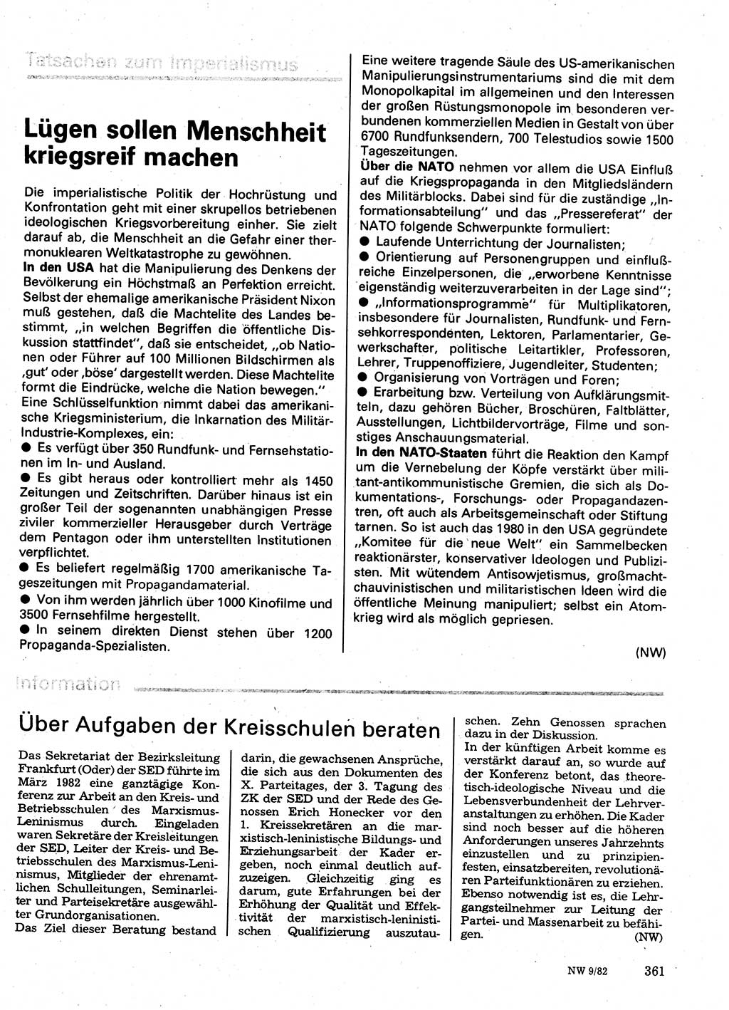 Neuer Weg (NW), Organ des Zentralkomitees (ZK) der SED (Sozialistische Einheitspartei Deutschlands) für Fragen des Parteilebens, 37. Jahrgang [Deutsche Demokratische Republik (DDR)] 1982, Seite 361 (NW ZK SED DDR 1982, S. 361)
