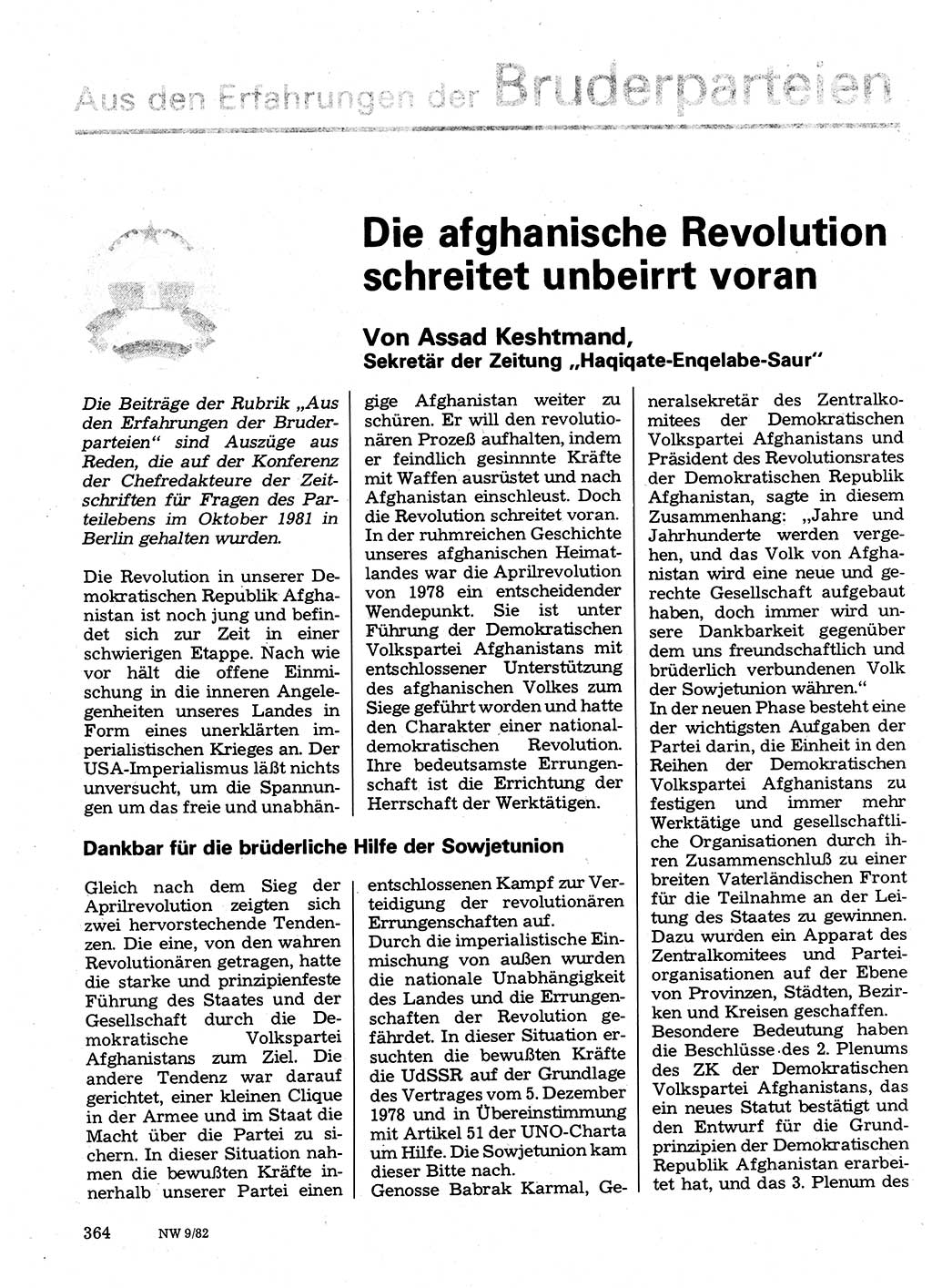 Neuer Weg (NW), Organ des Zentralkomitees (ZK) der SED (Sozialistische Einheitspartei Deutschlands) für Fragen des Parteilebens, 37. Jahrgang [Deutsche Demokratische Republik (DDR)] 1982, Seite 364 (NW ZK SED DDR 1982, S. 364)