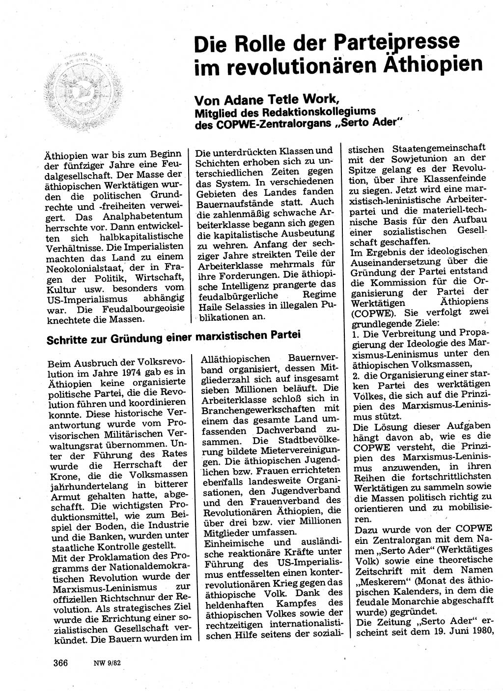 Neuer Weg (NW), Organ des Zentralkomitees (ZK) der SED (Sozialistische Einheitspartei Deutschlands) für Fragen des Parteilebens, 37. Jahrgang [Deutsche Demokratische Republik (DDR)] 1982, Seite 366 (NW ZK SED DDR 1982, S. 366)