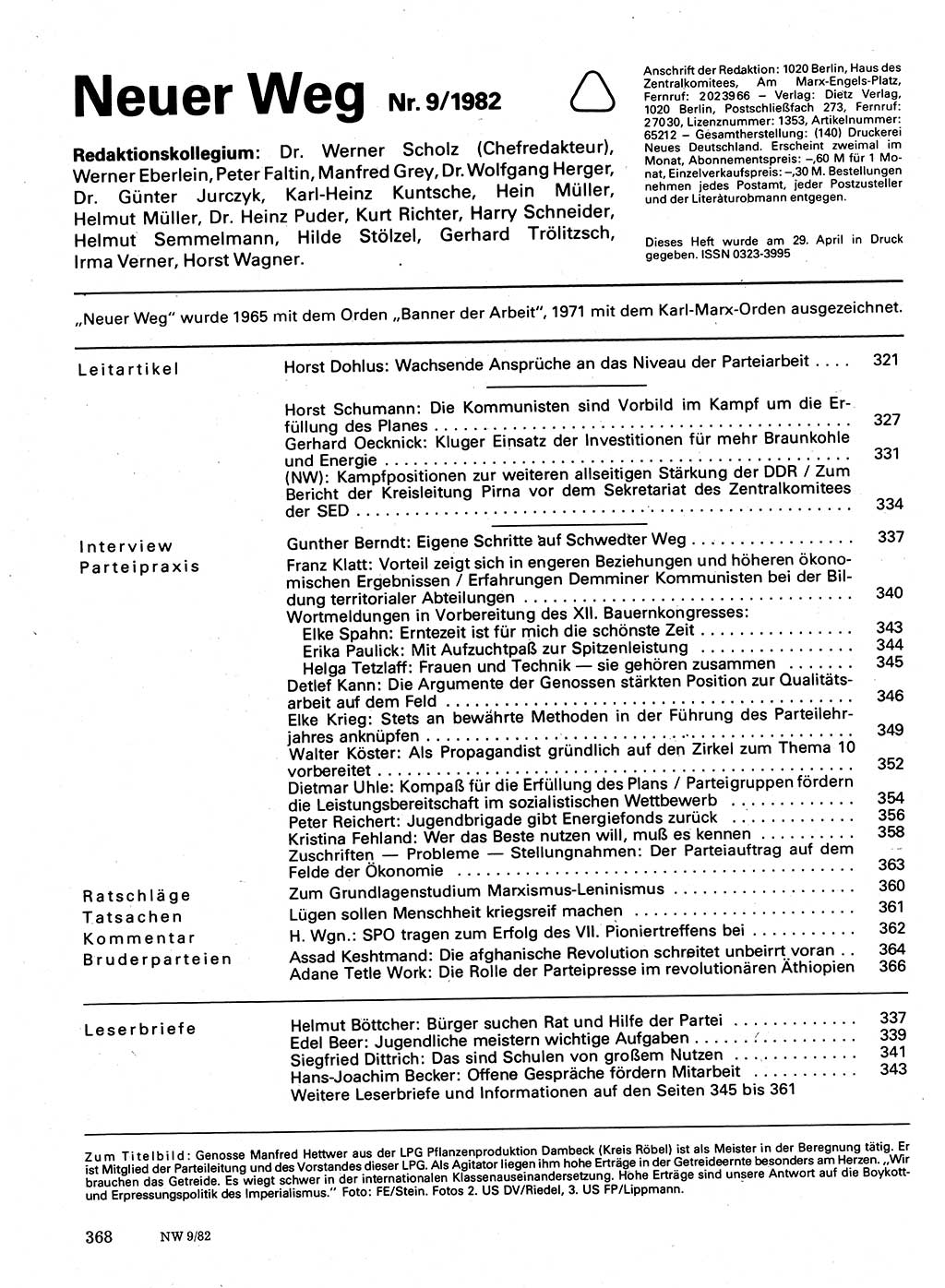 Neuer Weg (NW), Organ des Zentralkomitees (ZK) der SED (Sozialistische Einheitspartei Deutschlands) für Fragen des Parteilebens, 37. Jahrgang [Deutsche Demokratische Republik (DDR)] 1982, Seite 368 (NW ZK SED DDR 1982, S. 368)