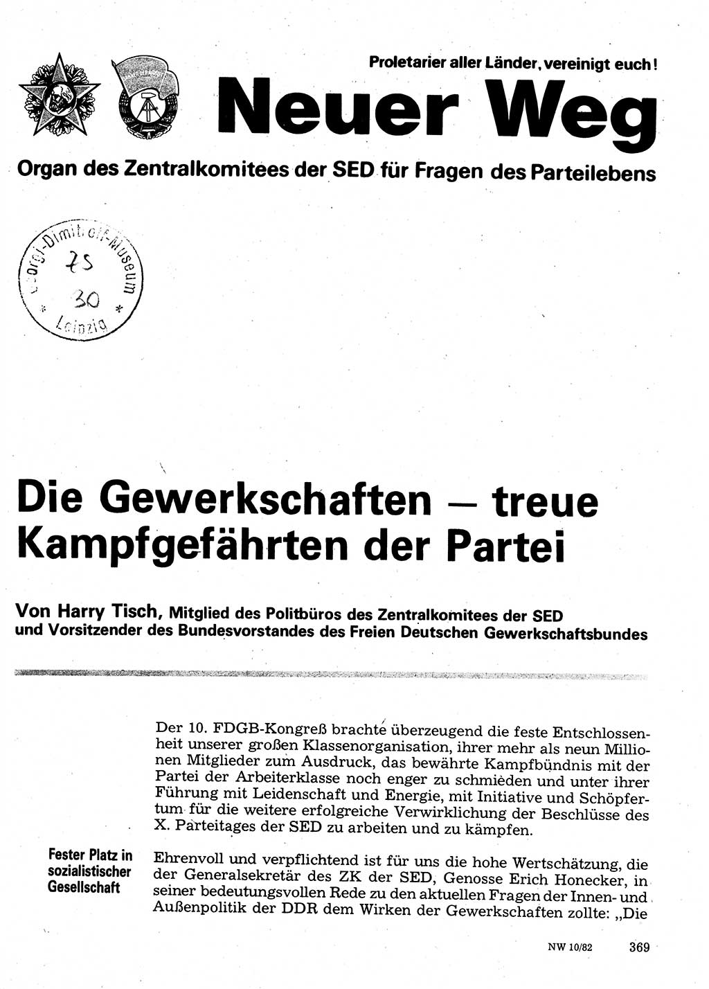 Neuer Weg (NW), Organ des Zentralkomitees (ZK) der SED (Sozialistische Einheitspartei Deutschlands) für Fragen des Parteilebens, 37. Jahrgang [Deutsche Demokratische Republik (DDR)] 1982, Seite 369 (NW ZK SED DDR 1982, S. 369)